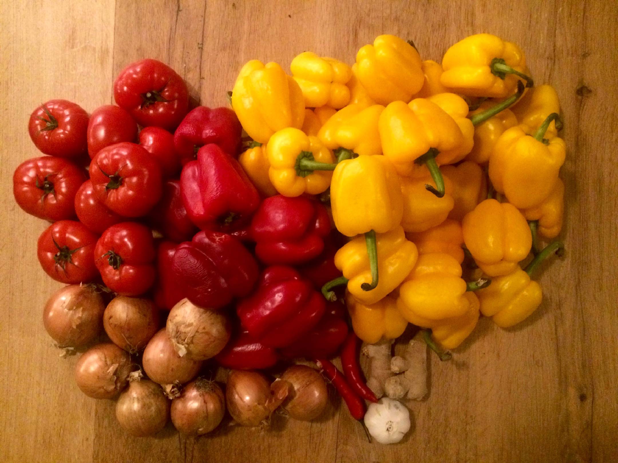 Rode en gele paprika's, tomaten, ui, knoflook, gember en rode pepers